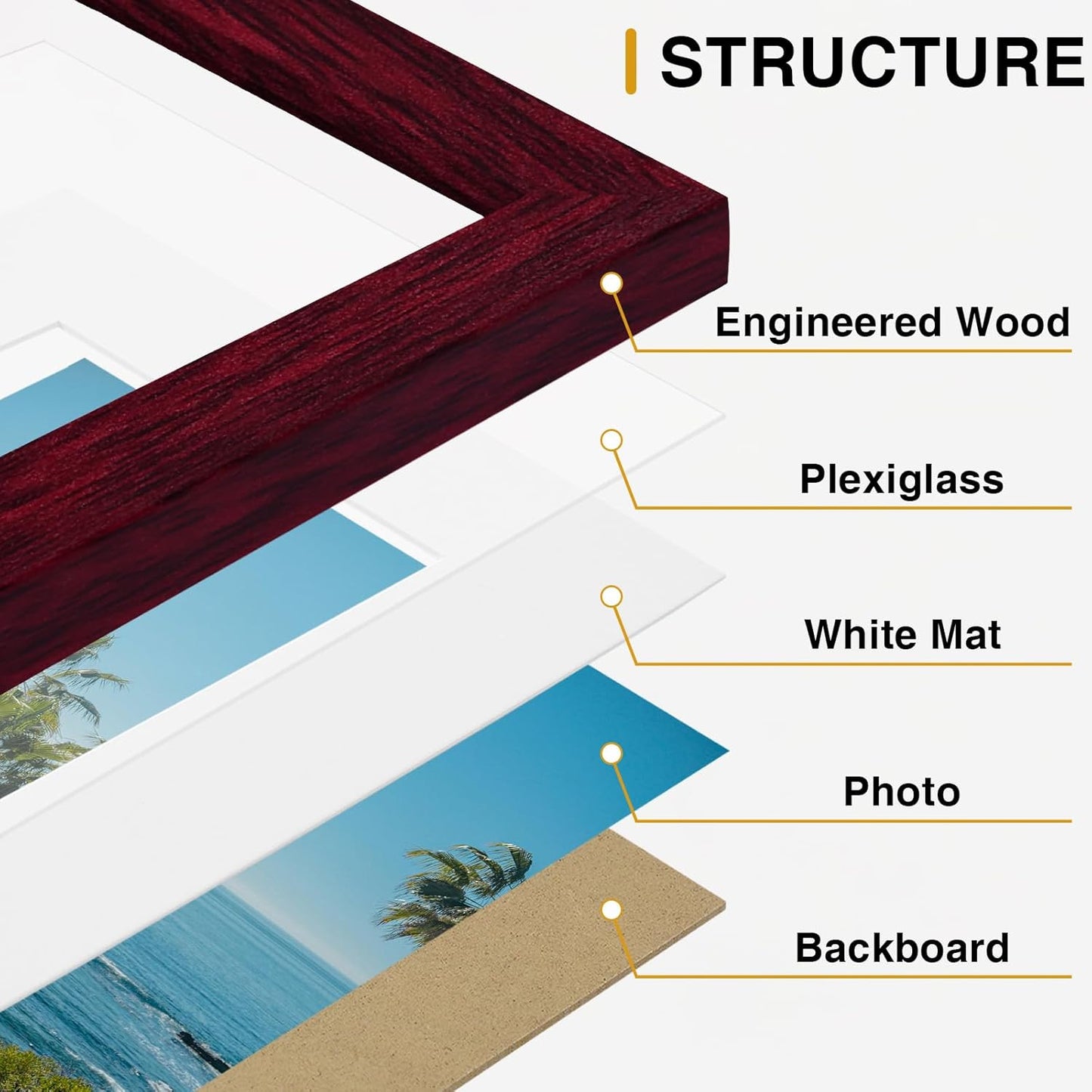 Vittanly 8x10 Picture Frames Set of 9, Shatter Resistant Plexiglass, Display 5x7 Pictures with Mat or 8x10 without Mat, Photo Frames for Wall or Tabletop, Engineered Wood, Black - Colors B