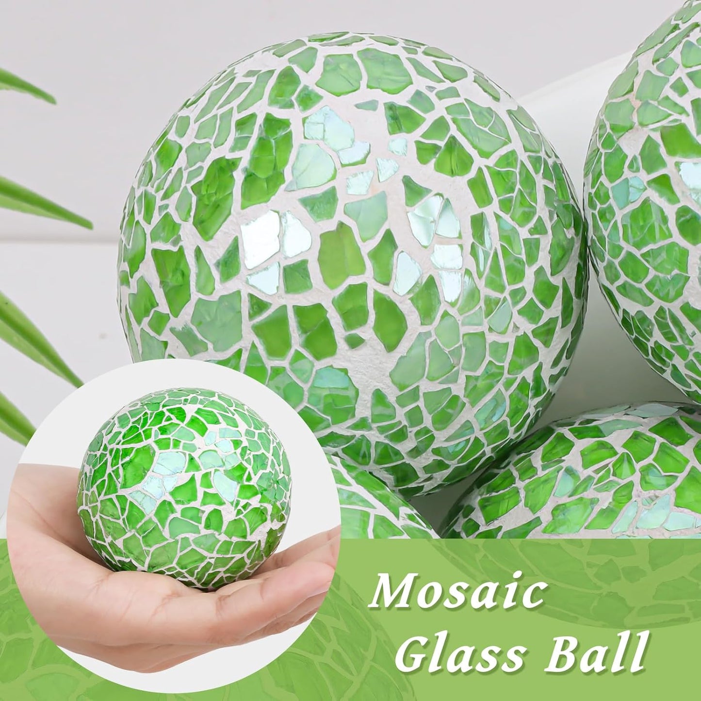 2 Pieces Decorative Glass Orbs 2.6 Inch Mosaic Crackl Solid Sphere Ball Table Centerpiece Balls Bowls Vases Christmas Decorative(Green)