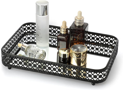 ELLDOO Perfume & Makeup Vanity Tray - Hollow-Carved Jewelry Storage, Glass & Metal Trinket Organizer for Dresser & Bathroom Countertop, Gold, Medium Size