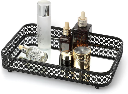 ELLDOO Perfume & Makeup Vanity Tray - Hollow-Carved Jewelry Storage, Glass & Metal Trinket Organizer for Dresser & Bathroom Countertop, Gold, Medium Size