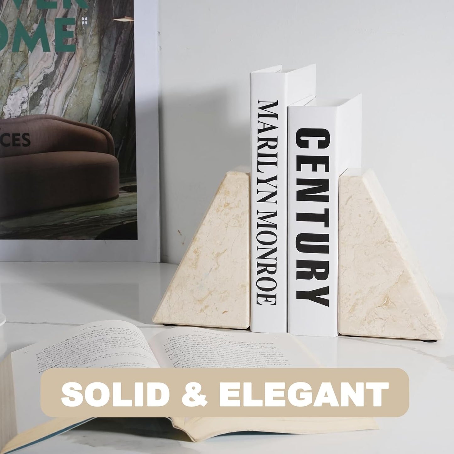 Karibiber Travertine Bookends for Heavy Books, Marble Decorative Bookends for Shelves, Heavy-Duty Stone Book Ends for Hardback Book & Cookbooks, Unique Book Stopper & Holder, Travertino Italy