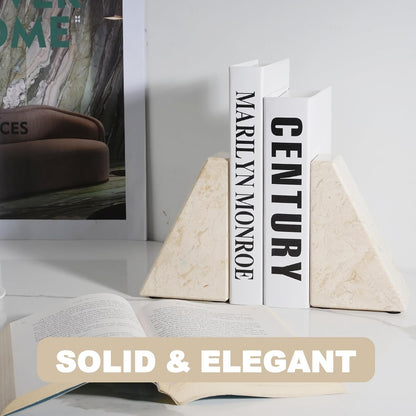 Karibiber Travertine Bookends for Heavy Books, Marble Decorative Bookends for Shelves, Heavy-Duty Stone Book Ends for Hardback Book & Cookbooks, Unique Book Stopper & Holder, Travertino Italy