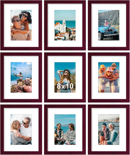 Vittanly 8x10 Picture Frames Set of 9, Shatter Resistant Plexiglass, Display 5x7 Pictures with Mat or 8x10 without Mat, Photo Frames for Wall or Tabletop, Engineered Wood, Black - Colors B