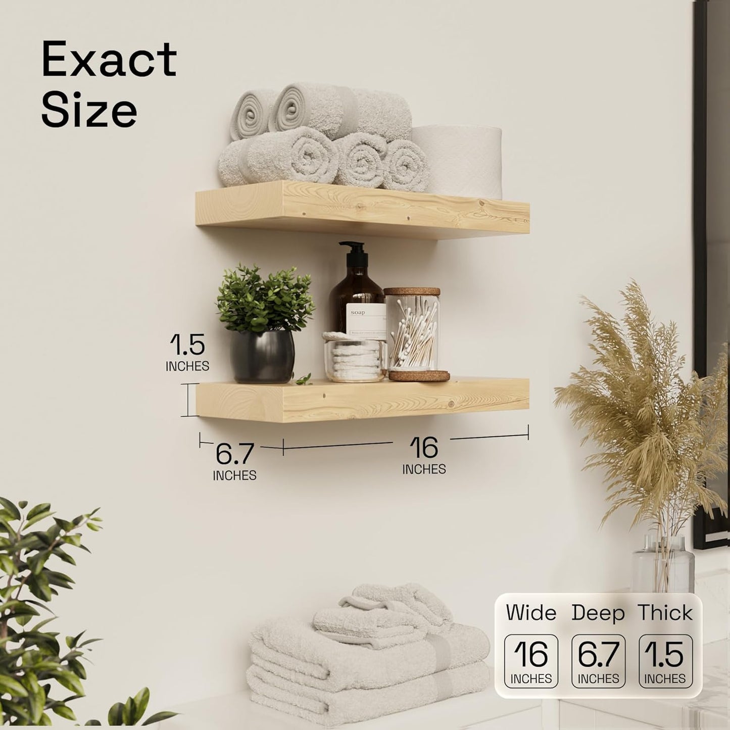 BAOBAB WORKSHOP Wood Floating Shelves for Wall Mounted, 16 inch Walnut Floating Shelf for Bathroom, Solid Wooden Wall Shelves for Kitchen Bedroom Farmhouse, Walnut Finish, 16 x 6.7, Set of 2