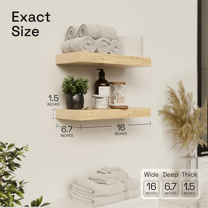 BAOBAB WORKSHOP Wood Floating Shelves for Wall Mounted, 16 inch Walnut Floating Shelf for Bathroom, Solid Wooden Wall Shelves for Kitchen Bedroom Farmhouse, Walnut Finish, 16 x 6.7, Set of 2