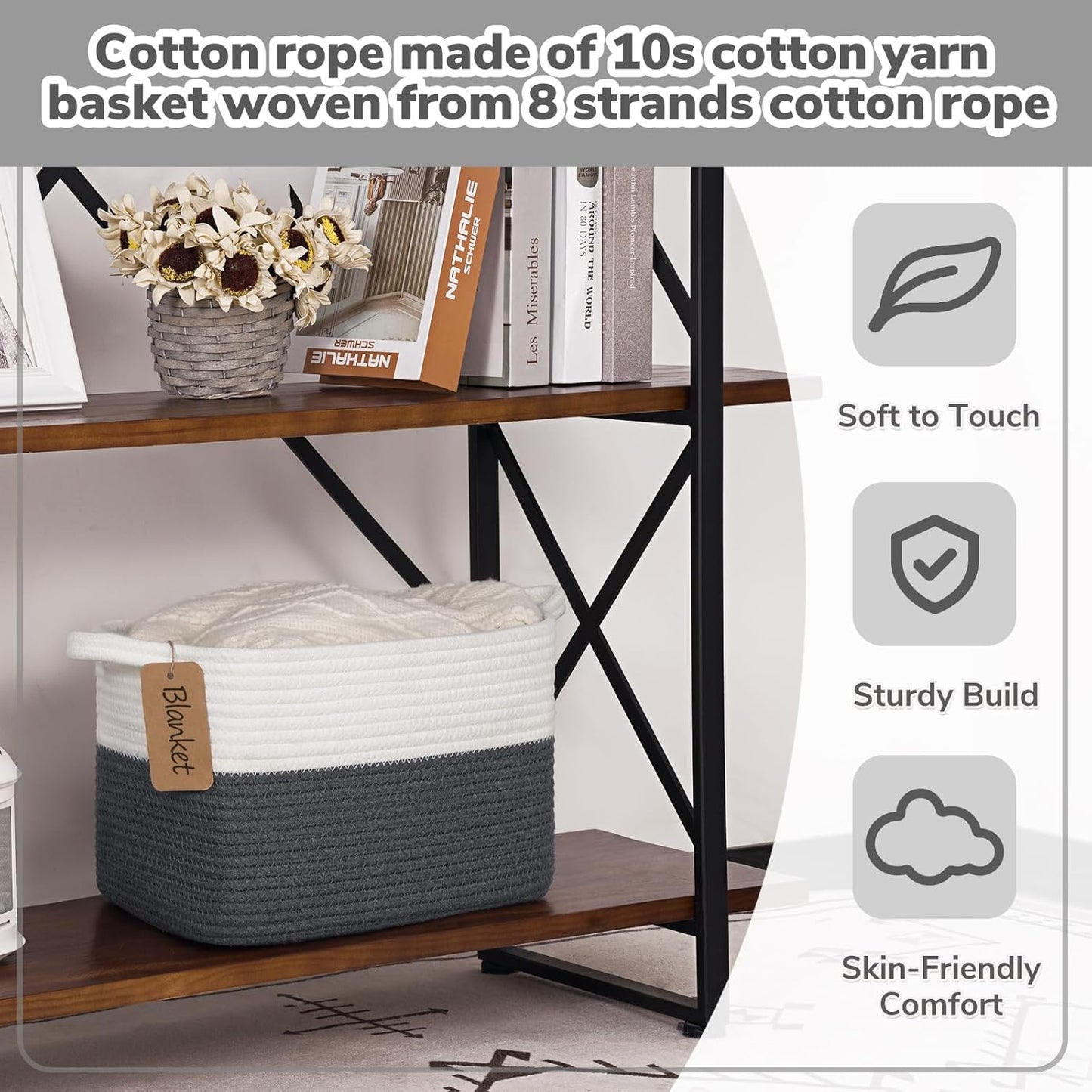 Goodpick Woven Storage Basket, Cotton Rope Basket for Dog Toys, Books, Stylish Gift Basket with Handles, 13 x 10 x 9 Inches Square Baskets for Organizing, Brown and White