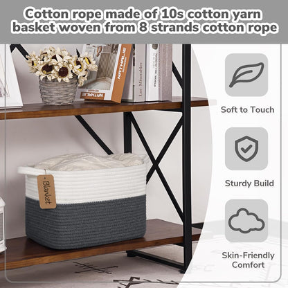 Goodpick Woven Storage Basket, Cotton Rope Basket for Dog Toys, Books, Stylish Gift Basket with Handles, 13 x 10 x 9 Inches Square Baskets for Organizing, Brown and White