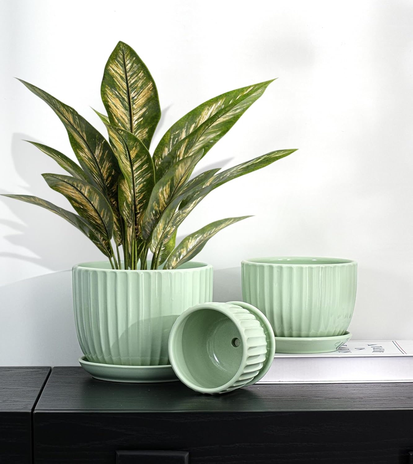 Ton Sin Pink Gold Ceramic Flower Pots, 4"+5"+6" Inch Small Glazed Succulent Planters with Drainage Hole,Modern Indoor Decorative Plant Pots Set of 3,Garden Pots with Saucer