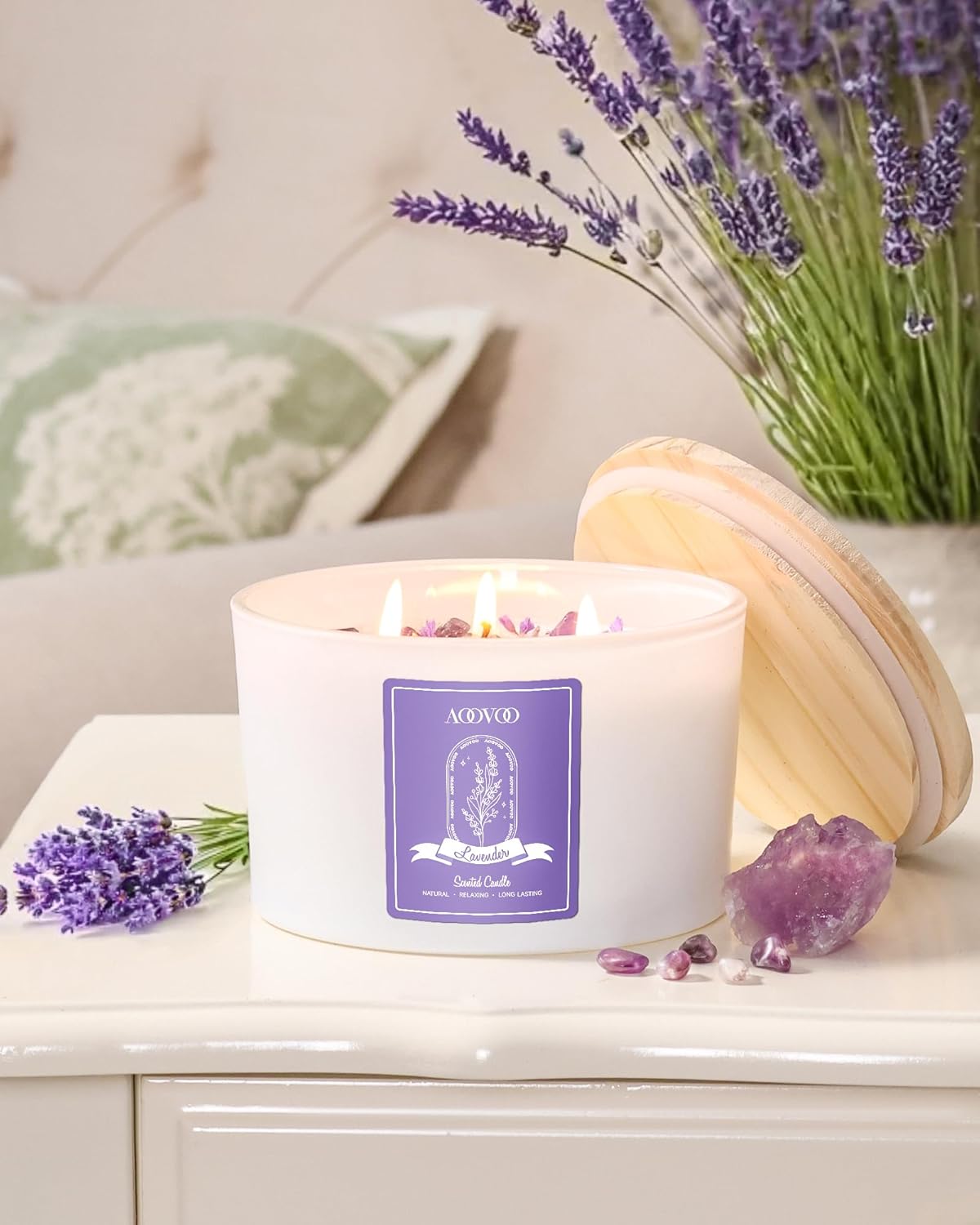 AOOVOO Lavender Scented Candles for Women - Aromatherapy Candle with Crystals Inside, 10oz Soy Candles for Home Scented, Birthday Gifts Mothers Day Candle for Women Mom