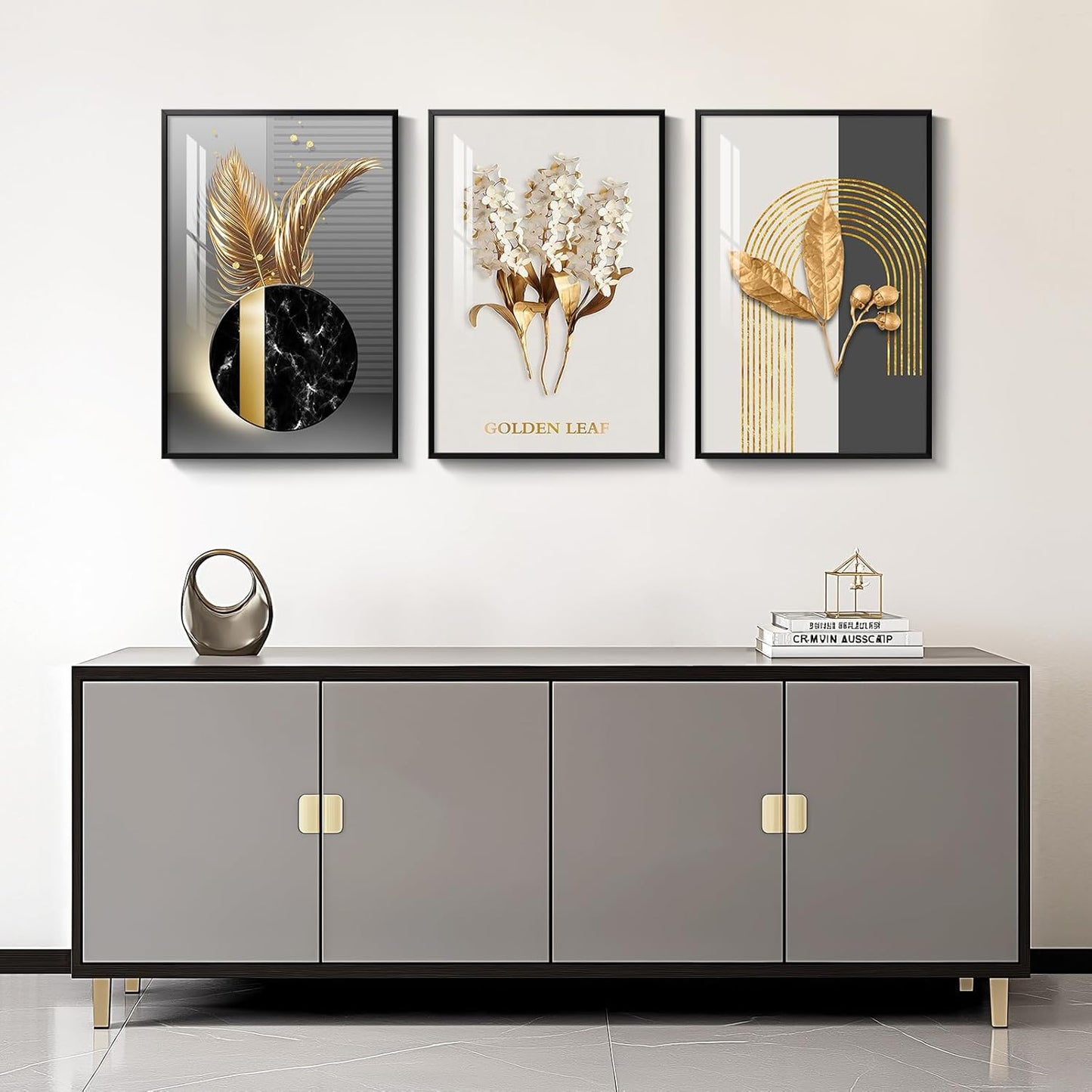 Framed Modern Luxury Gold Wall Art, Set of 3 Piece Contemporary Paintings Artwork for Walls, Golden Prints Pictures with Gold Frame, Wall Decor for Living Room, Hallway, Bedroom, Office 16x24 Inch