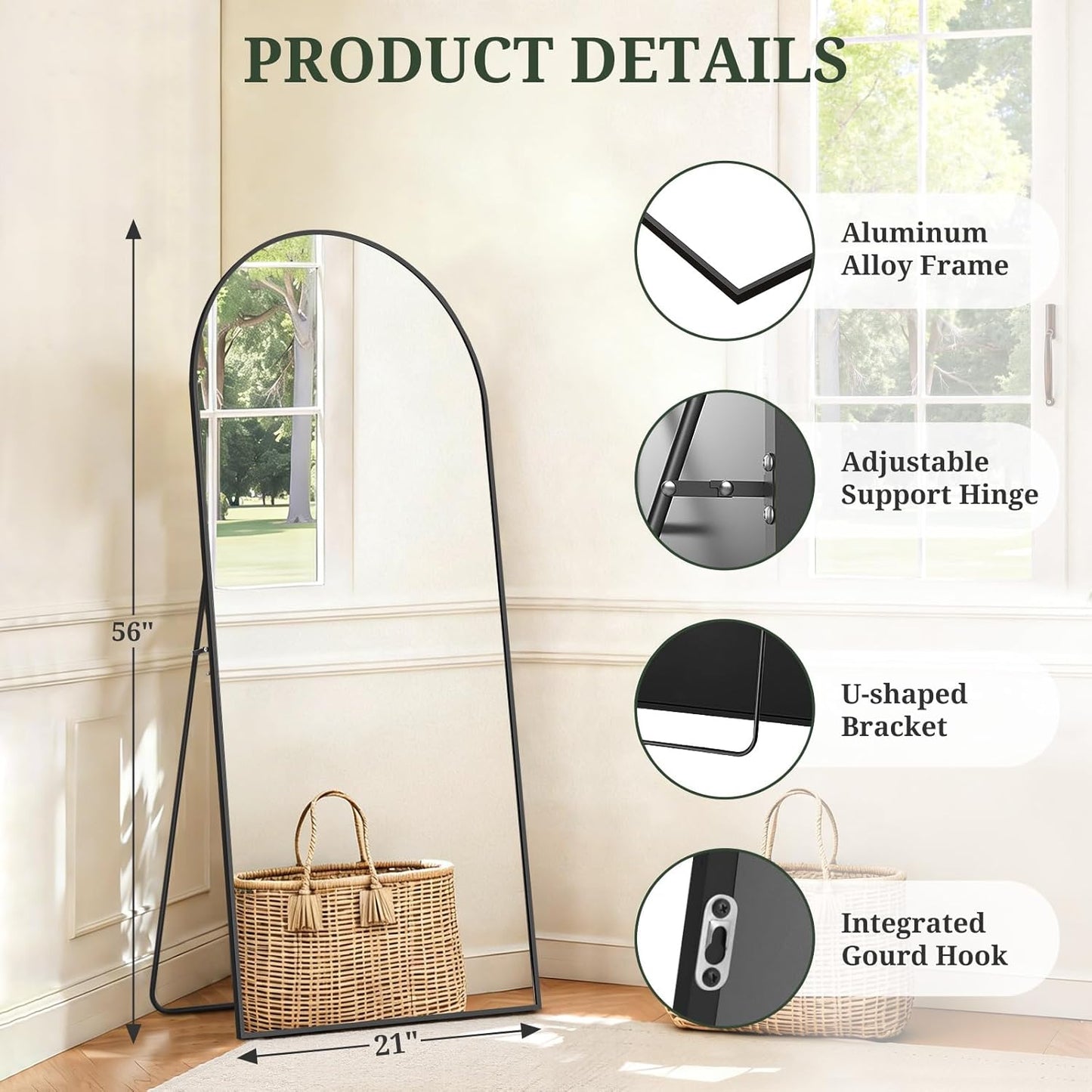 Mirror Full Length 64"x21" Full Body Floor Mirror with Stand, Shatterproof Glass, Aluminum Alloy Frame, Free Standing Wall Mounted or Leaning Arched Mirrors for Bedroom Living Room Entryway