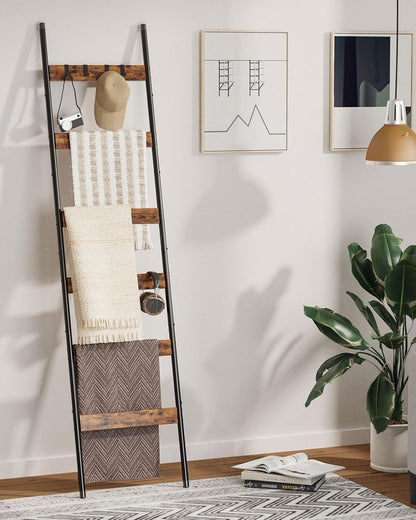 Blanket Ladder, 5-Tier Towel Holder with 4 Removable Hooks, Farmhouse Wall Leaning Decorative Rack Shelf, Wooden Towel Display Rack, Quilt Ladder for Living Room, Bedroom, Rustic Brown