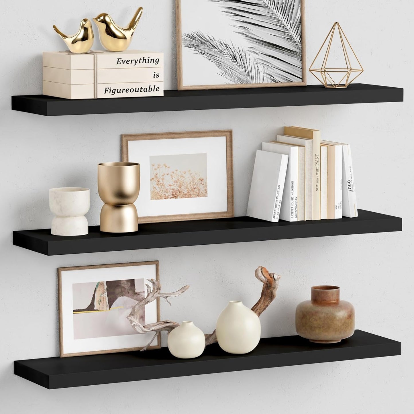 Forbena 36 Inch Floating Shelves for Wall Long Set of 3, Large Deep Wall Shelves for Bedroom Living Room Decor, Rustic Wood Floating Shelf for Kitchen Closet Office TV Plants Books (Dark Brown)