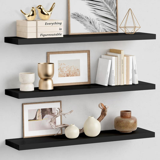 Forbena 36 Inch Floating Shelves for Wall Long Set of 3, Large Deep Wall Shelves for Bedroom Living Room Decor, Rustic Wood Floating Shelf for Kitchen Closet Office TV Plants Books (Dark Brown)