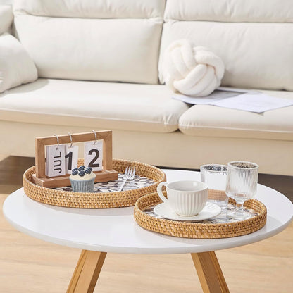 Round Rattan Tray with Mother of Pearl Inlay, Rattan Serving Tray with Wooden Base, Decorative Wicker Basket for Table Decor, Storage and Display of Coffee Bread Food Fruit (Leaf)