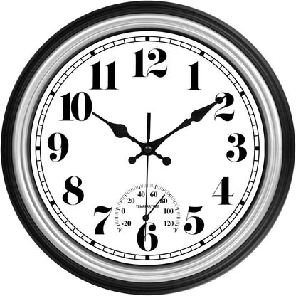 JENLYSTIME 12 Inch Indoor/Outdoor Retro Waterproof Wall Clock with Thermometer Silent Round Quartz Battery Operated Easy to Read Decorative for Kitchen Patio,Bathroom,Deck,Porch,Pool(Blue)