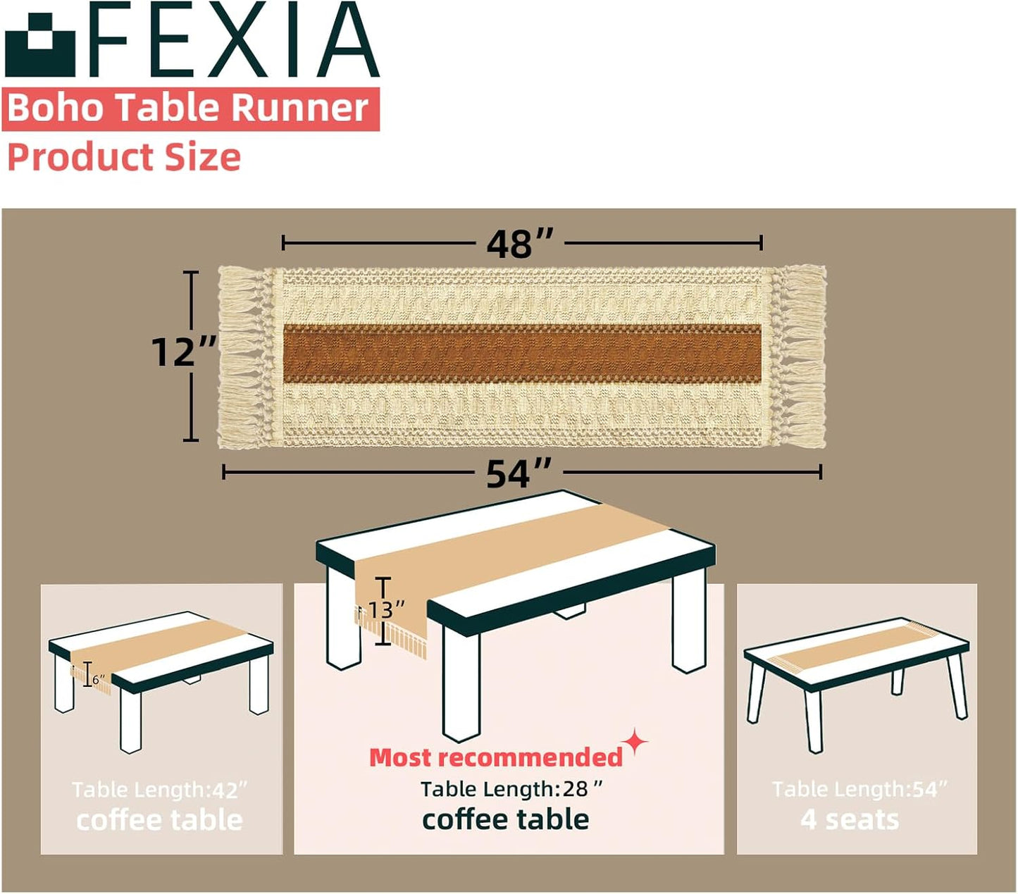 FEXIA Boho Table Runner for Thanksgiving Fall Christmas Home Decor with Tassels 72 Inches Long Pottery barn Furniture Farmhouse Rustic Macrame Burlap Table Decoration for Living Room (12x72 Inches)