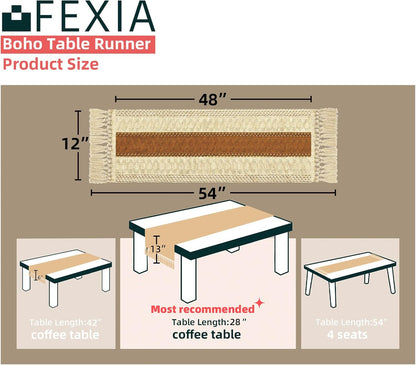 FEXIA Boho Table Runner for Thanksgiving Fall Christmas Home Decor with Tassels 72 Inches Long Pottery barn Furniture Farmhouse Rustic Macrame Burlap Table Decoration for Living Room (12x72 Inches)