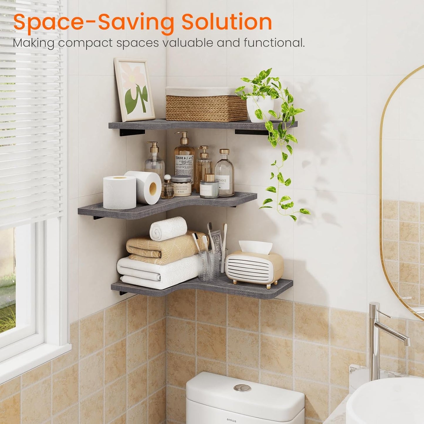 Homode Corner Floating Shelves, Set of 3 Corner Wall Shelves with Wire Hole, L-Shaped Wood Hanging Storage Shelf for Wall Decor, for Bathroom Kitchen Bedroom, White