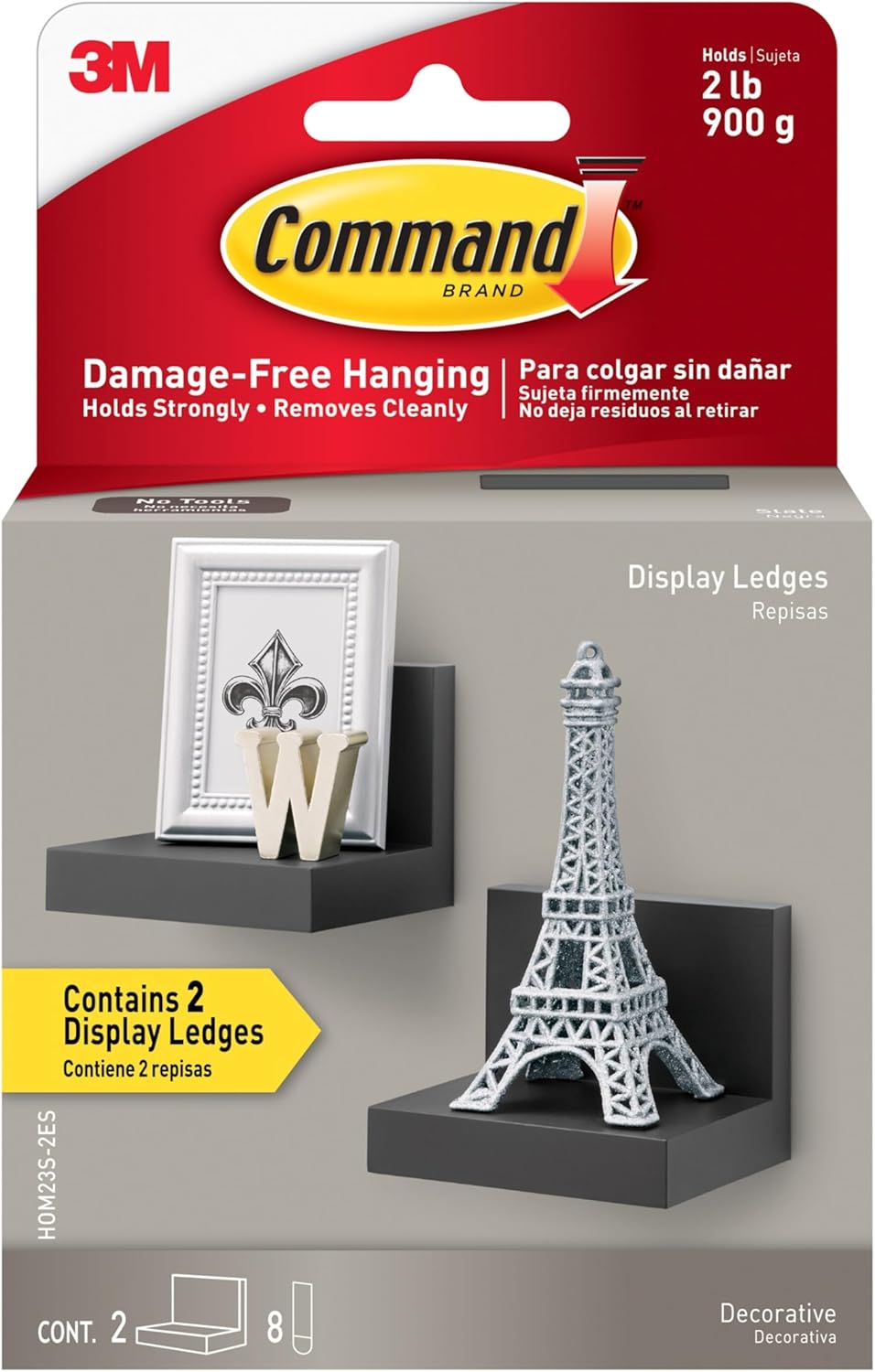 Command Display Ledges, Holds up to 2 lb, Quartz, 2 Ledges with 8 Medium Strips, Damage-Free Hanging Floating Shelf with Adhesive Strips, Personalize Living Room, Bedroom, Kids Room or Office