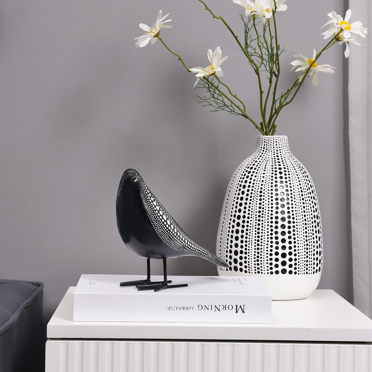 Quoowiit Bird Figurine, Modern Sculpture and Statues for Home Decor, Animal Statues for Bookshelf, Table, Entryway, Fireplace, Resin Decorative Sculpture with Chic Polka Dots Art Design (White)