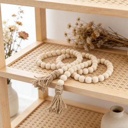 Farmhouse Decor, 59in Wooden Beads Garland with Tassels, Rustic Farmhouse Prayer Boho Beads for Coffee Table Wall Country Decor