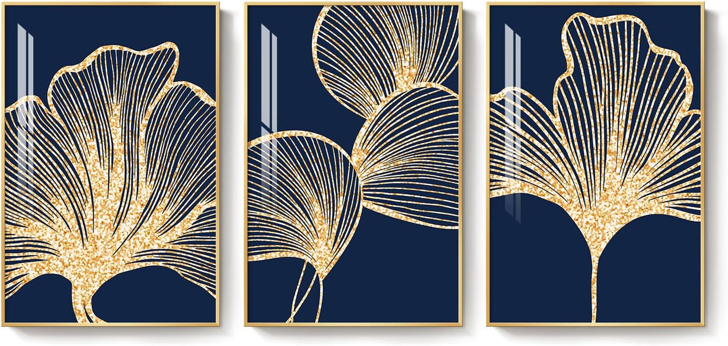 Framed Modern Luxury Gold Wall Art, Set of 3 Piece Contemporary Paintings Artwork for Walls, Golden Prints Pictures with Gold Frame, Wall Decor for Living Room, Hallway, Bedroom, Office 16x24 Inch