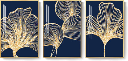 Framed Modern Luxury Gold Wall Art, Set of 3 Piece Contemporary Paintings Artwork for Walls, Golden Prints Pictures with Gold Frame, Wall Decor for Living Room, Hallway, Bedroom, Office 16x24 Inch