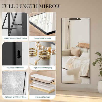 DUMOS Arched Full Length Mirror with Stand 64"x21" Floor Standing Aluminum Frame for Bedroom Body Hanging Leaning Modern Simple Home Decor Shatter-proorf Nano Glass Wall Living Room Cloakroom Black