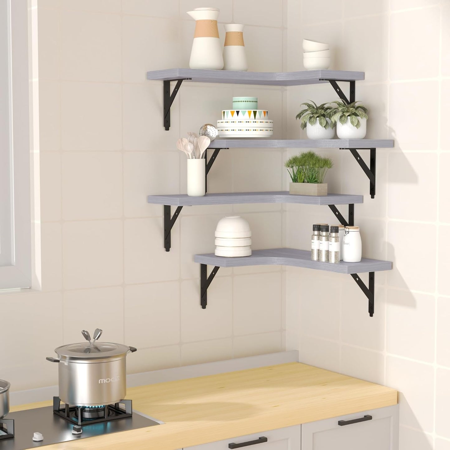 ROMGUAR CRAFT Corner Floating Shelves Wall Mounted Set of 4, Rustic Wood Storage Display Shelves for Home Decor, Bathroom, Kitchen, Bedroom, Living Room, Office (Black)