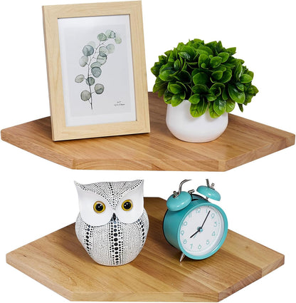 Corner Wall Shelves, Corner Floating Shelves Set of 2 Solid Oak Wood Display Shelf with Wire Hole Small Plant for Kitchen Living Room Natural