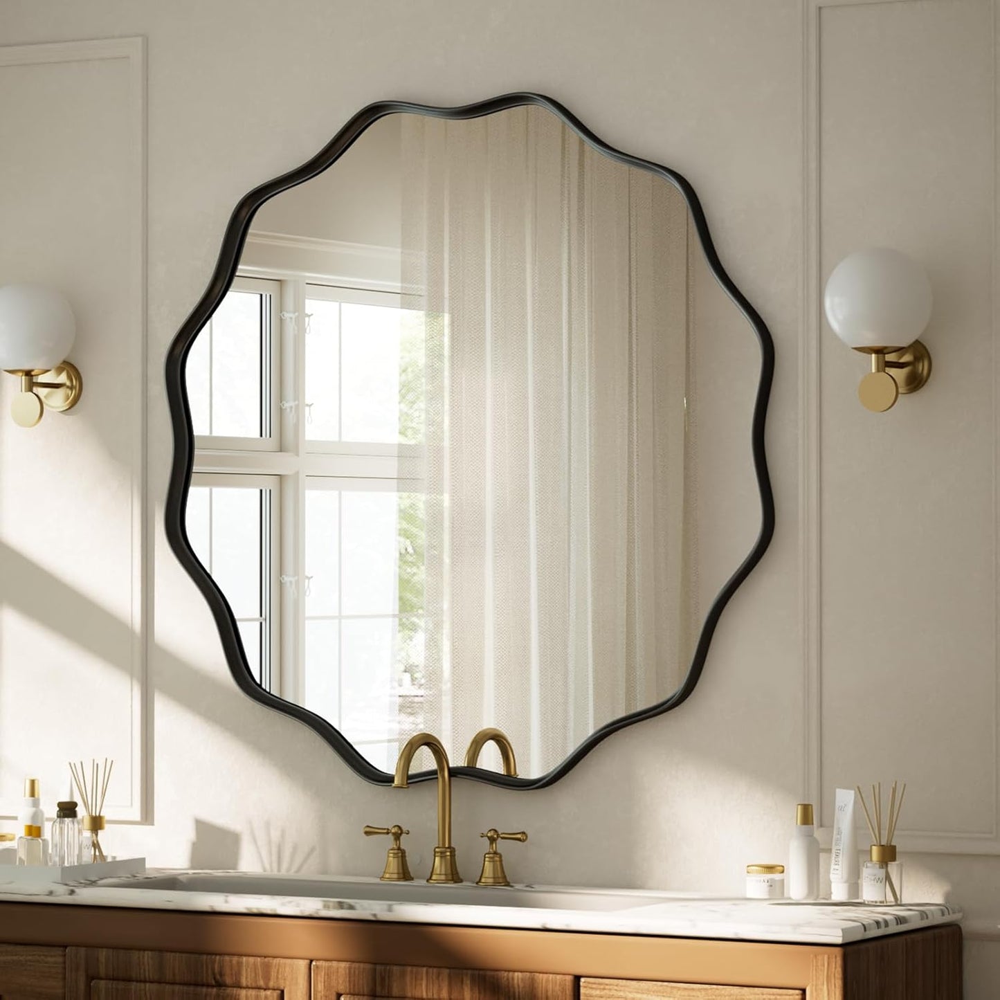 VooBang Black Scalloped Large Circle Mirror, 42" Wavy Edge Round Wall Mirror with Tempered Glass Textured Circular Metal Deep Frame, Hanging Leaning for Bathroom, Hallway, Entryway, Livng Room