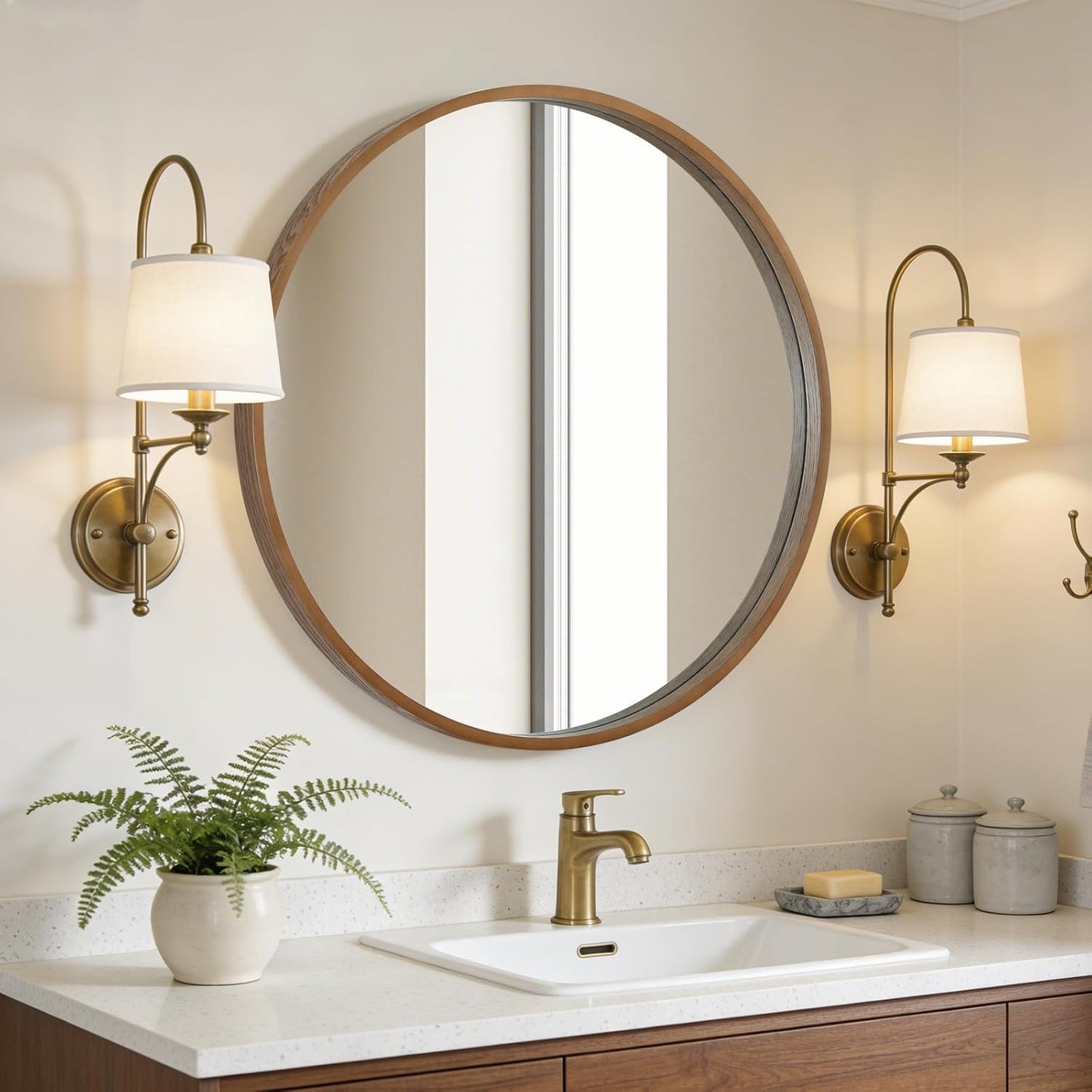 WallBeyond Wood Round Mirror with Wood Frame 24 inch Circle Wall Mirror for Bathroom Round Wall Mirror for Wall Decor, Vanity, Entryway Living Room (Walnut)