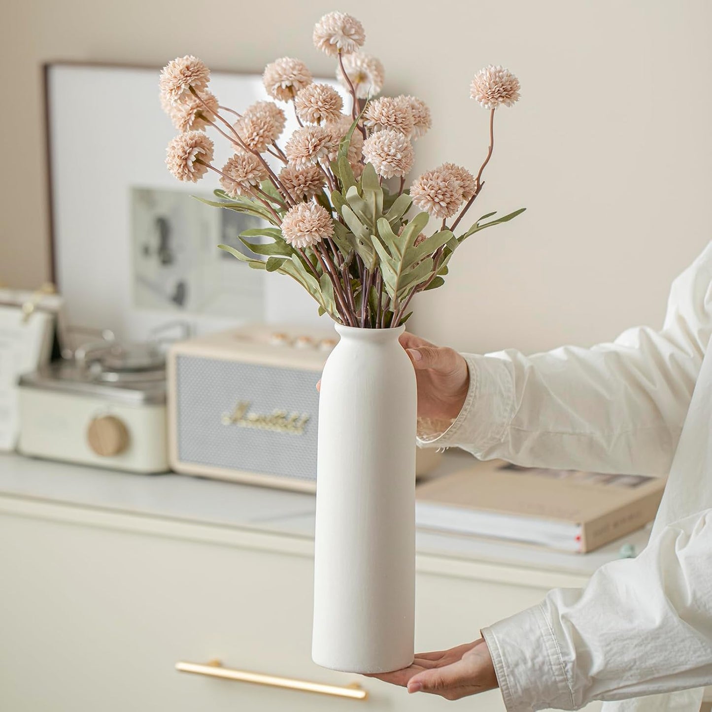 Ceramic Vase Set-3, Small Flower Vases for Decor, Modern Boho Farmhouse Style, Decorative Vases for Pampas Grass & Dried Flowers, Distressed Finish (Beige)