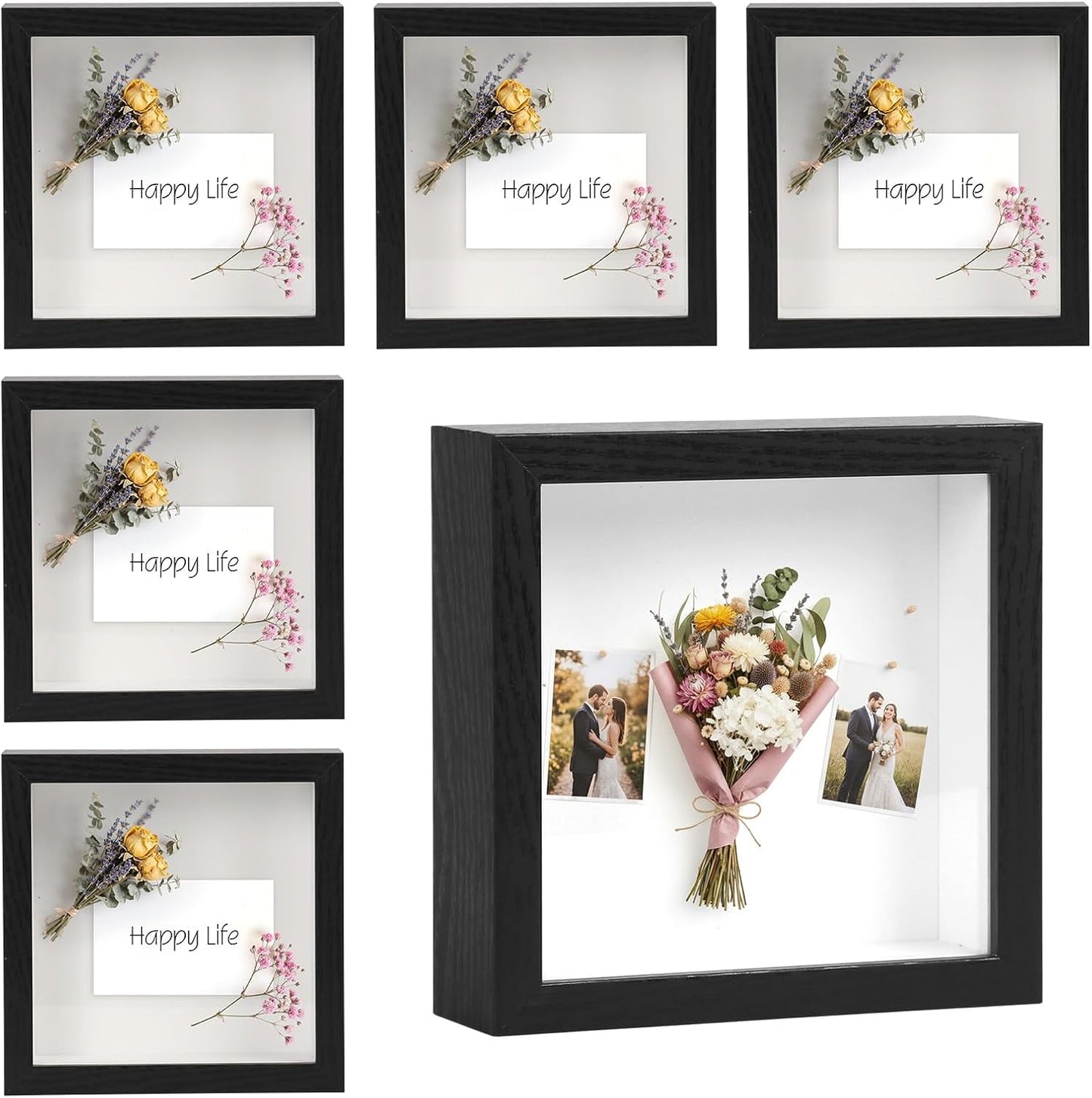 6 Pcs Shadow Box Frame - 5x5 Square Frame Display Case for Sports Memorabilia & Wedding Keepsakes - Wall Mountable Display Box for Medals, Photos, Dried Flowers (Black)