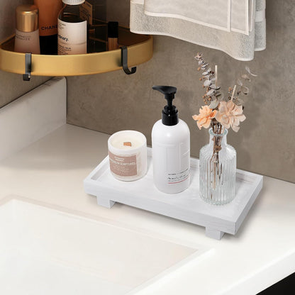 Decorative Tray Small Pedestal Stand Farmhouse Bathroom Decor Wooden Riser Display Stand for Vanity, Kitchen Countertop, Sink, 9.4 * 4.7 White