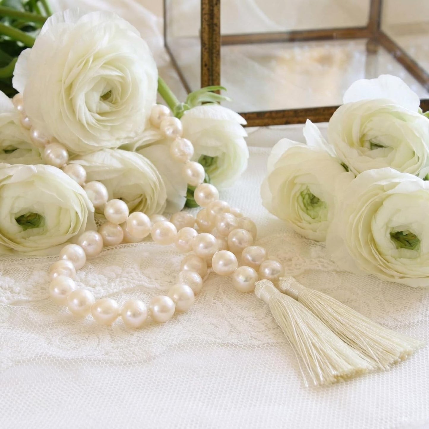 Quelay 58 Inch Pearl Glass Bead Garland 16mm with Tassels Elegant Boho Wedding Table Decor Healing Bead Prayer Fringe Wall Shelf Hanging for Wedding Party Farmhouse Rustic Home Decoration(Beige)
