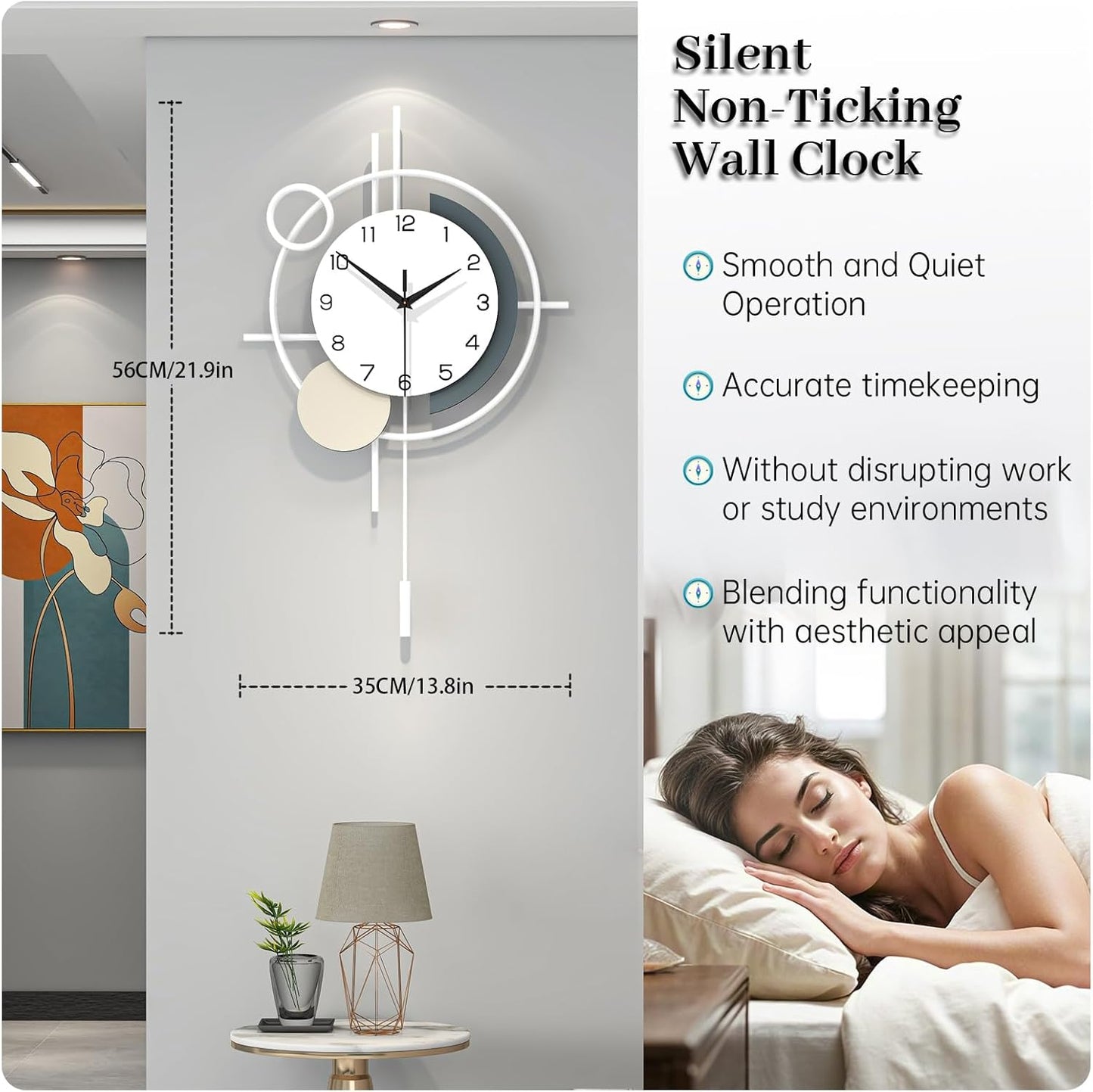 Wall Clock for Living Room Decor Decorative Wall Clock with Pendulum Silent Quartz Battery Operated Black Metal Large Clock for Dining Room,Kitchen,Home,Bathroom,Bedroom,13.8x21.3 in