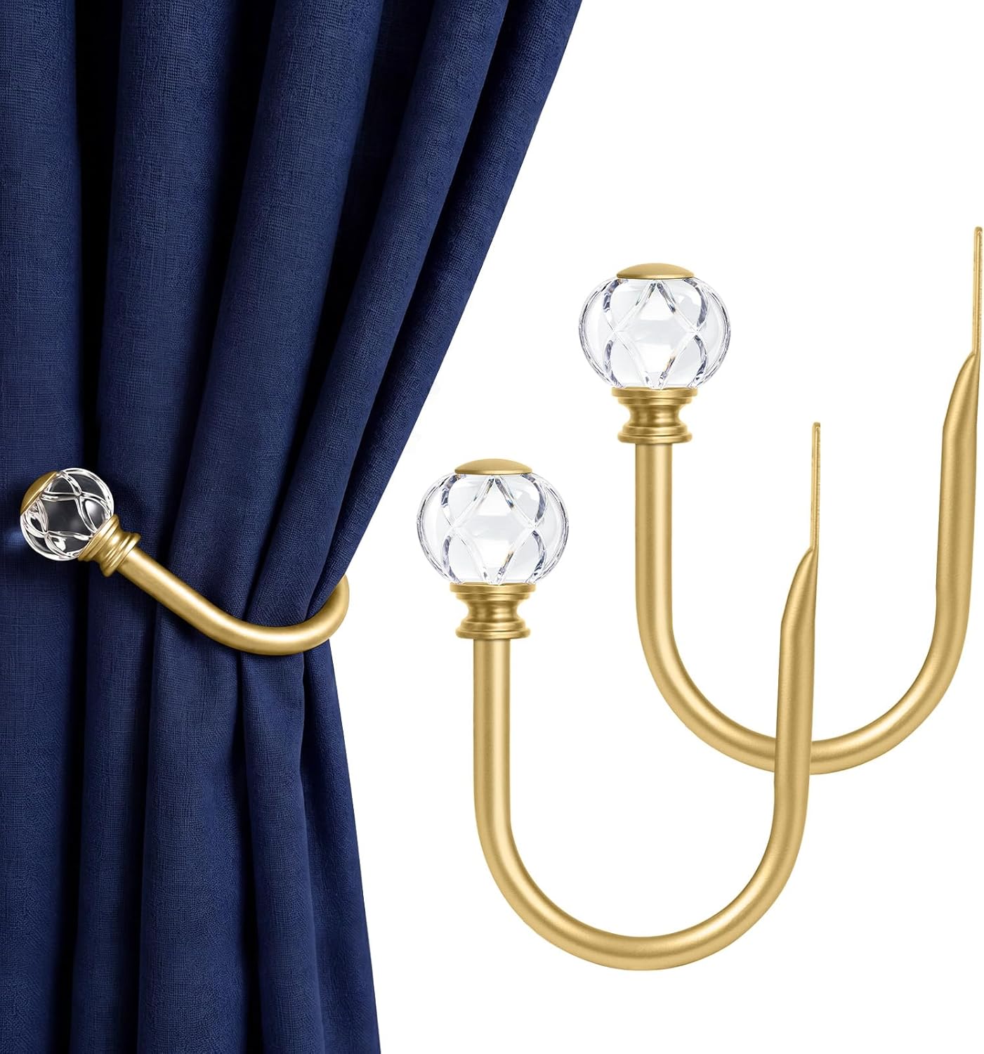 KAMANINA Curtain Holdbacks 2pcs, Gold Curtain Tiebacks, Window Curtains Hooks for Wall, Decorative Holders for Drapes with Crystal Finials(5.4" L × 4.1" W)