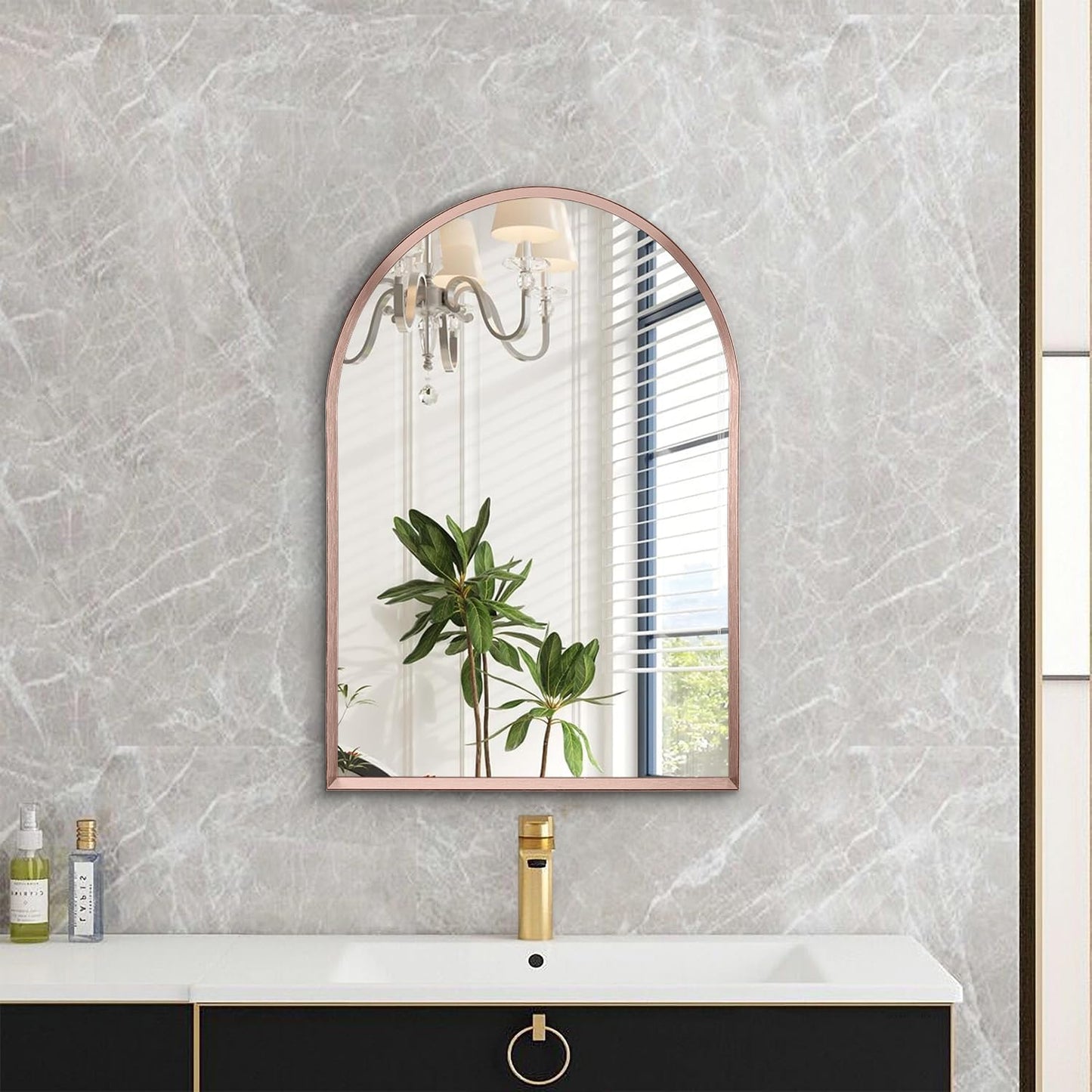 Black Arched Mirror, Modern Bathroom Wall Mirror Aluminum Alloy Framed Mirror Brushed Metal Vanity Wall Mounted Mirror for Livingroom Bedroom Entryway Room 16"x12"