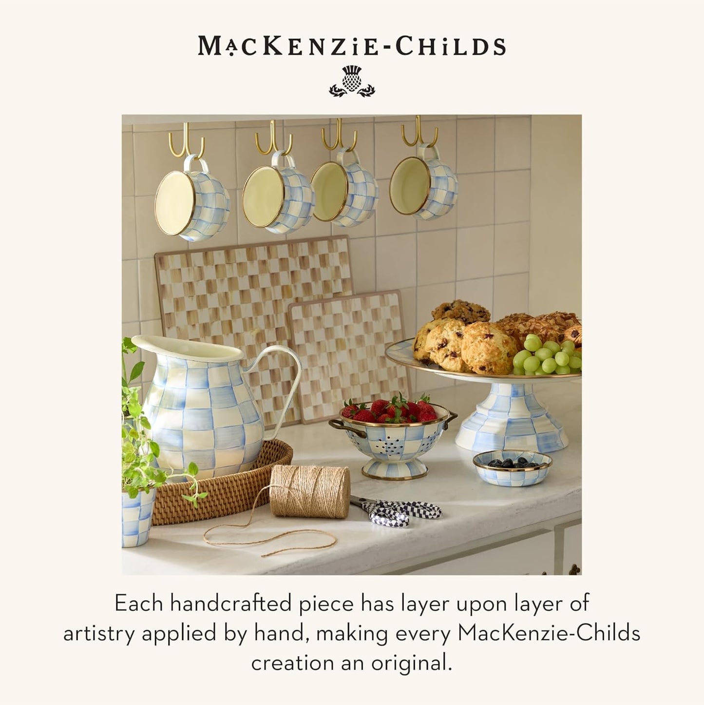 MACKENZIE-CHILDS Enamel Pedestal Serving Platter, Decorative Serving Dish for Food, Small, Black-and-White Courtly Check