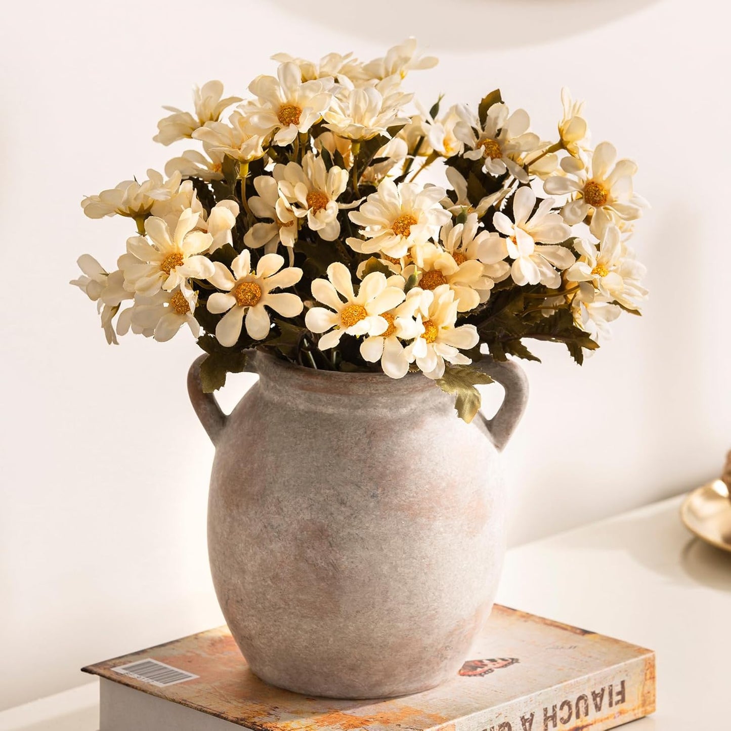 Dobbyby Ceramic Flower Vase 7.6 inch Farmhouse Rustic Vase Decorative Pottery Terracotta Vases for Home Decor Table Mantle Fireplace Living Room Bathroom Wedding Centerpiece (Whitewashed)