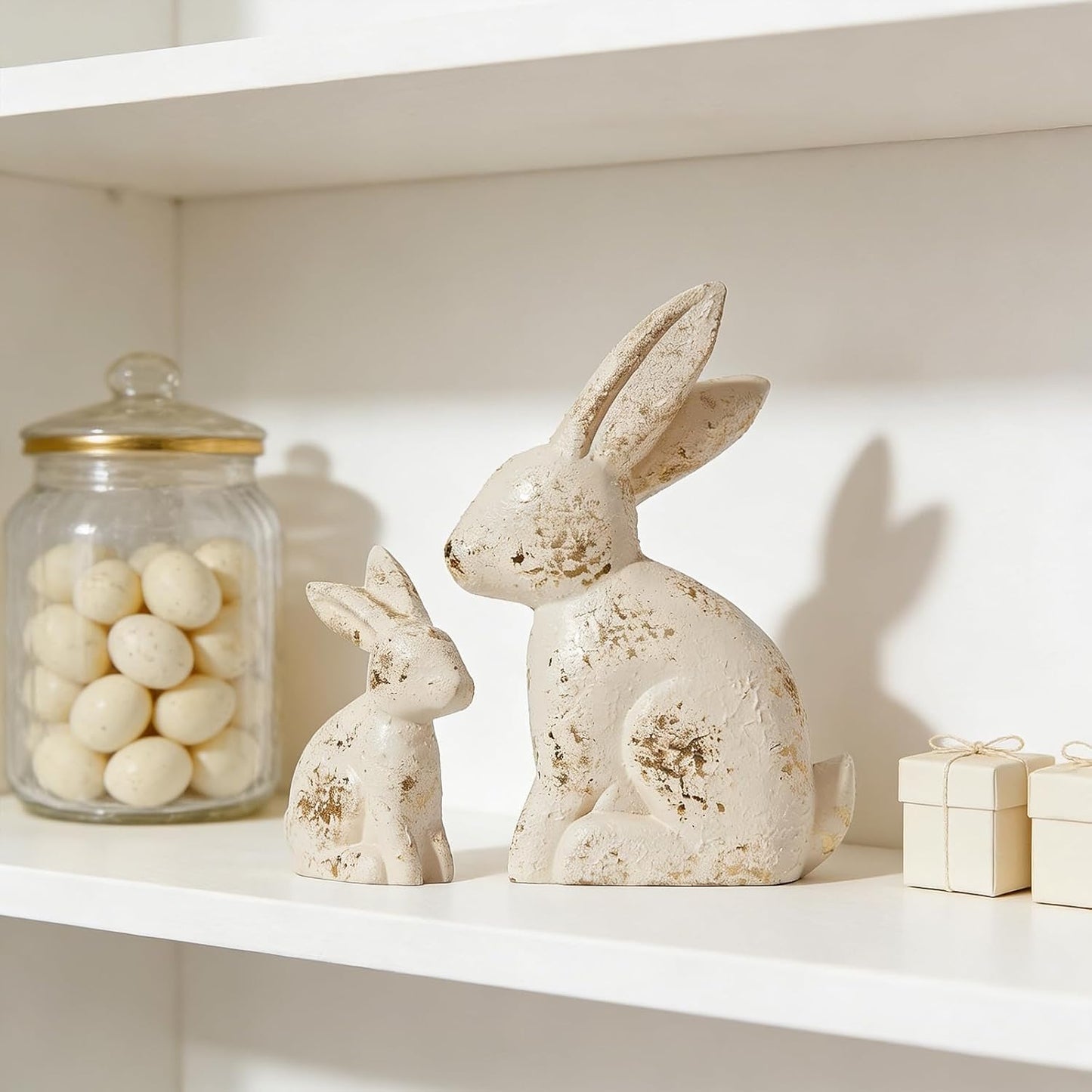 DN DECONATION Golden Polyresin Bunny Decor Rabbit Figurines, Easter Bunny Statue Set of 3 for Spring Tabletop Decor