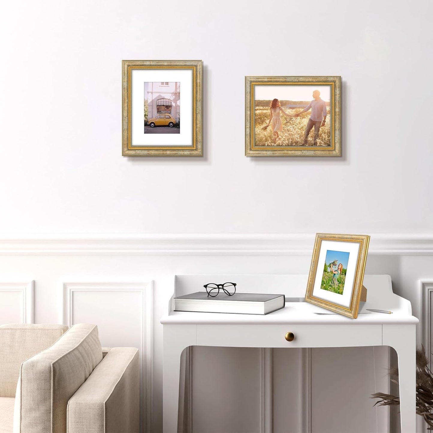 Golden State Art,11x14 Ornate Picture Frame for 8x10 Photo with Mat or 11 x 14 Prints without Mat,Real Glass Wall Display(Color:Green Gold)