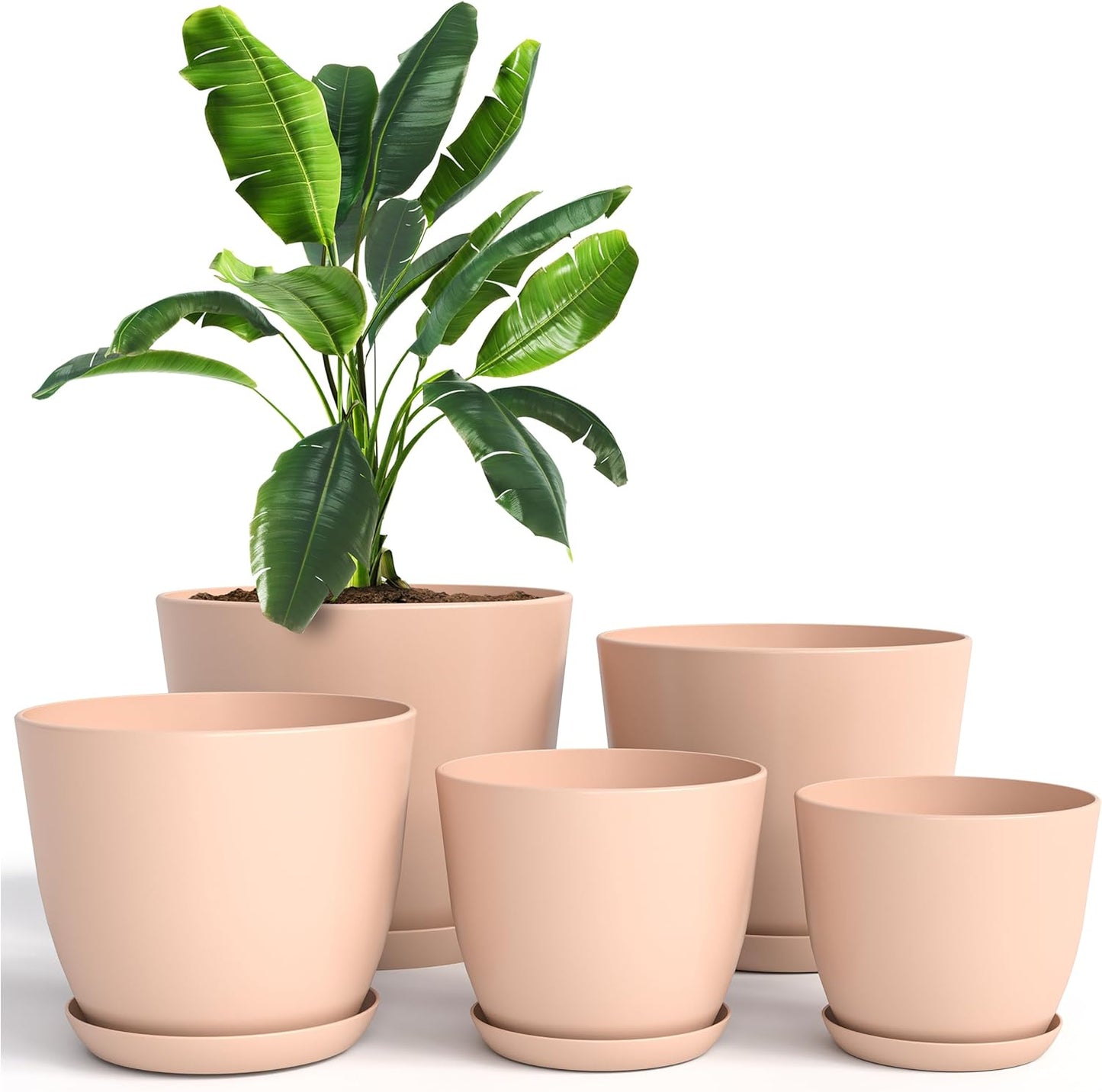 Utopia Home Plant Pots Indoor with Drainage Holes – Set of 5 White Plastic Flower Pots (7/6.6/6/5.3/4.8 Inch) – Modern Planters for Indoor Plants, Room & Office Décor, Great Stocking Stuffers