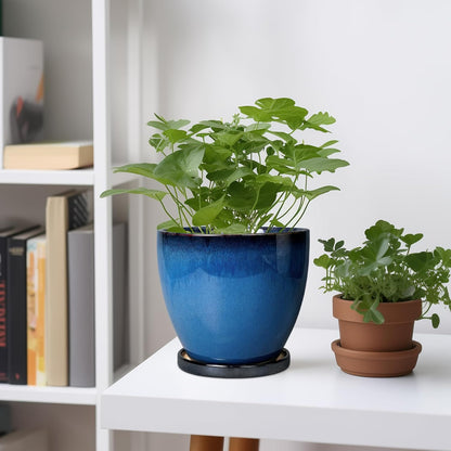 10 Inch Ceramic Planter Pot Round Plant Pot for Indoor Plants Outdoor Large Flower Pot with Drainage Hole and Saucer Blue