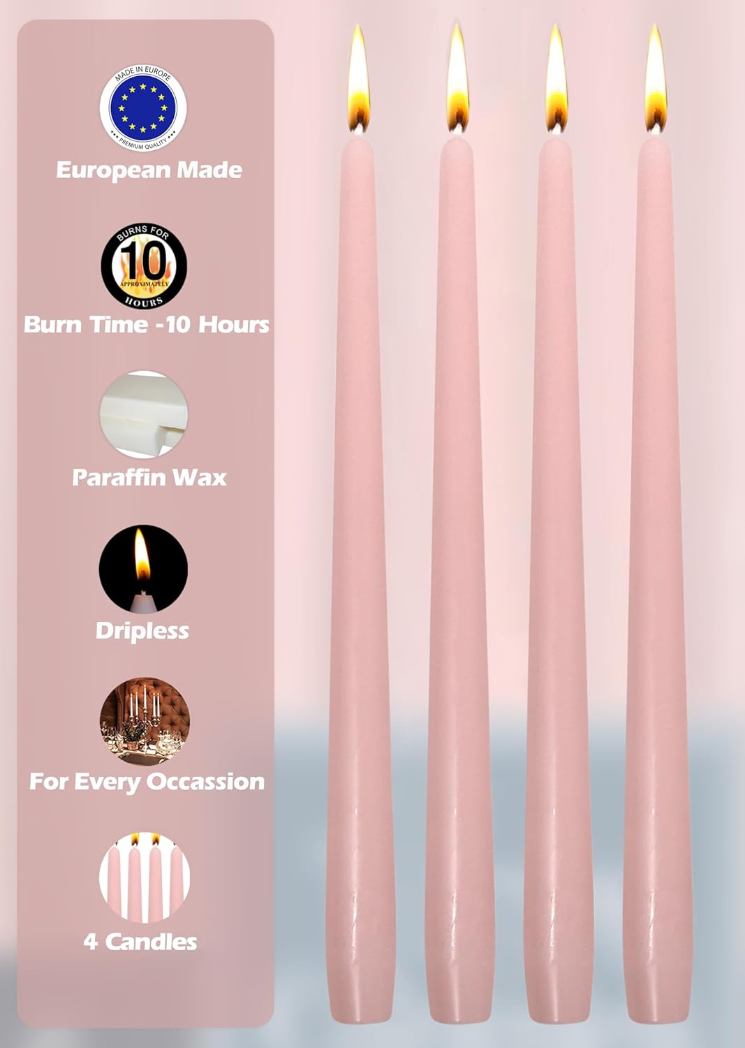Hyoola Tall Taper Candles - 10 Inch Metallic Gold Unscented Dripless Taper Candles - 8 Hour Burn Time - 4 Pack