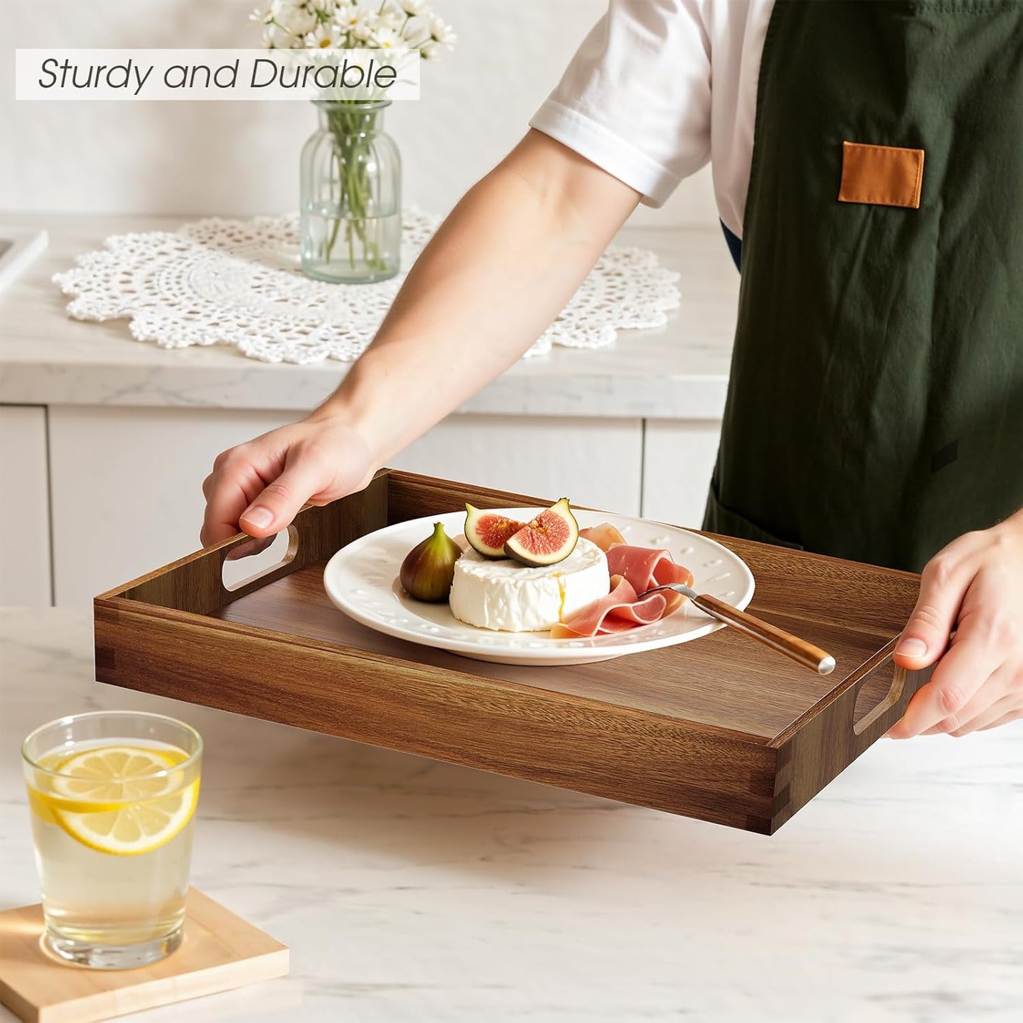 Acacia Serving Trays - 2 Pack, Acacia Wood Serving Platterss, Wood Serving Tray, Decorative Trays for Breakfast, Brunch, Dinner, Coffee Table, Party, Kitchen-M