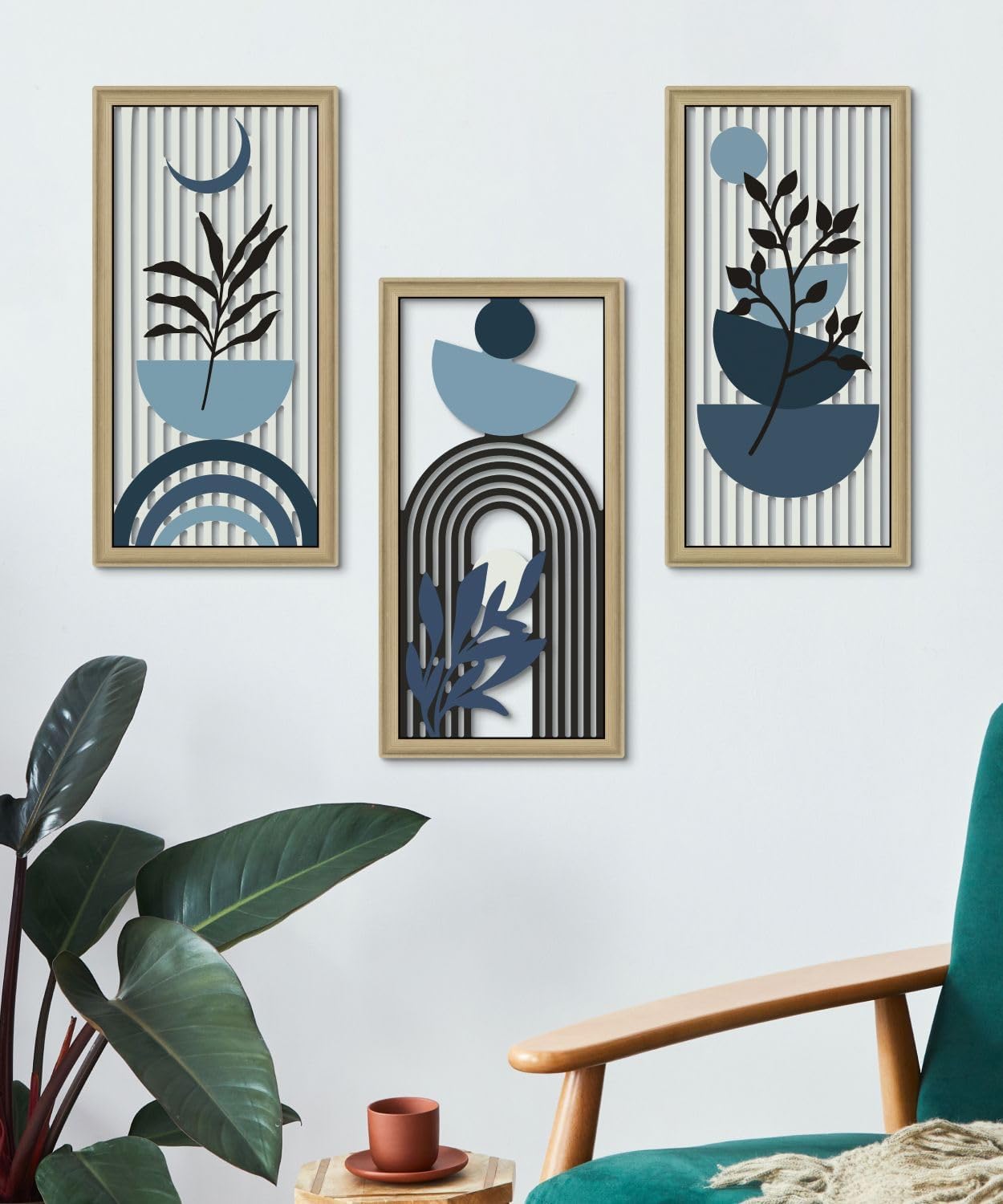 Putuo Decor Boho Abstract Wall Art, Set of 3, Modern Botanical Wooden Wall Decor, Blue Mid-Century Minimalist Framed Artwork for Living Room Bedroom, Office