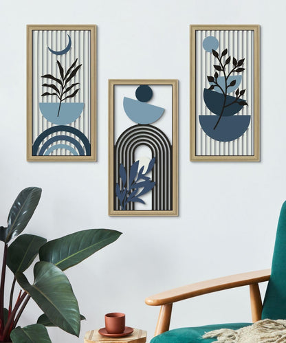 Putuo Decor Boho Abstract Wall Art, Set of 3, Modern Botanical Wooden Wall Decor, Blue Mid-Century Minimalist Framed Artwork for Living Room Bedroom, Office